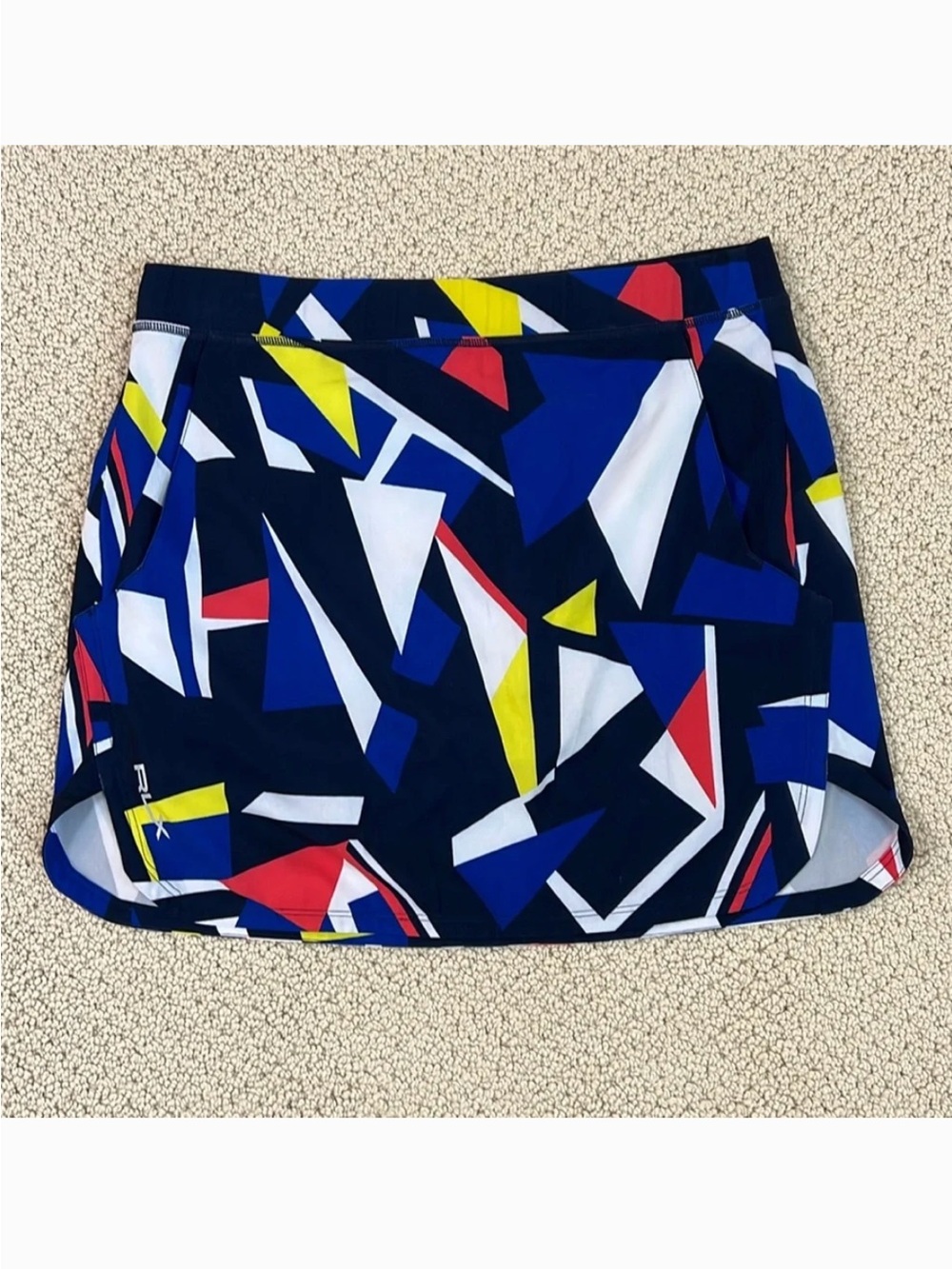 Ralph Lauren RLX Blue Red Yellow White Geometric Print Stretch Skirt Skort SMALL